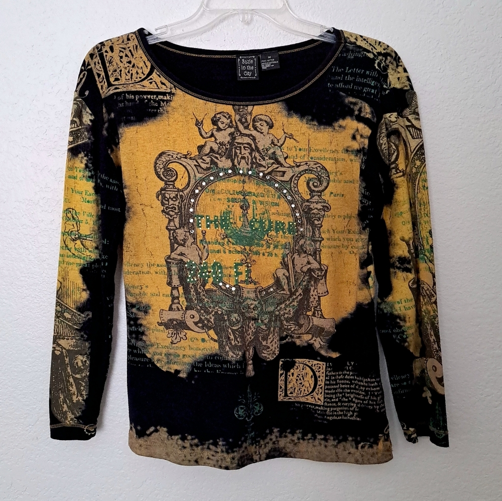 Graphic 3/4 Sleeve Top Size Medium Suzie In The City Black and Gold VINTAGE
